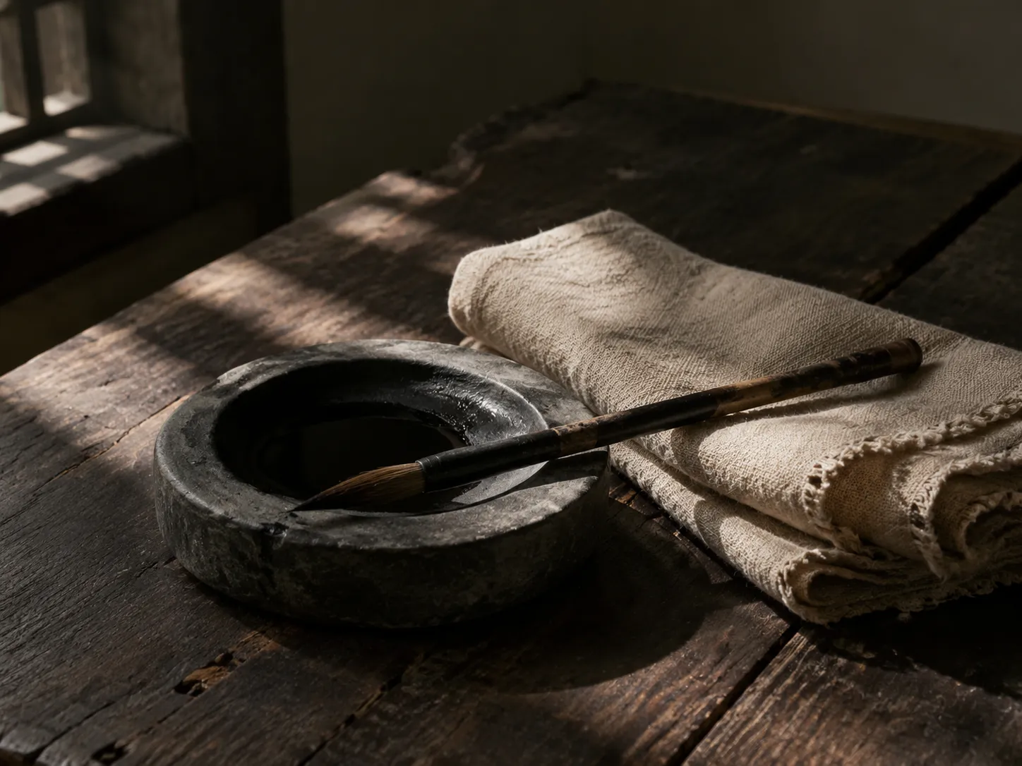 A carved stone inkstone holding wet black ink with a worn brush resting across it, beside a folded length of coarse undyed cloth on an aged dark wood table in raking window light.